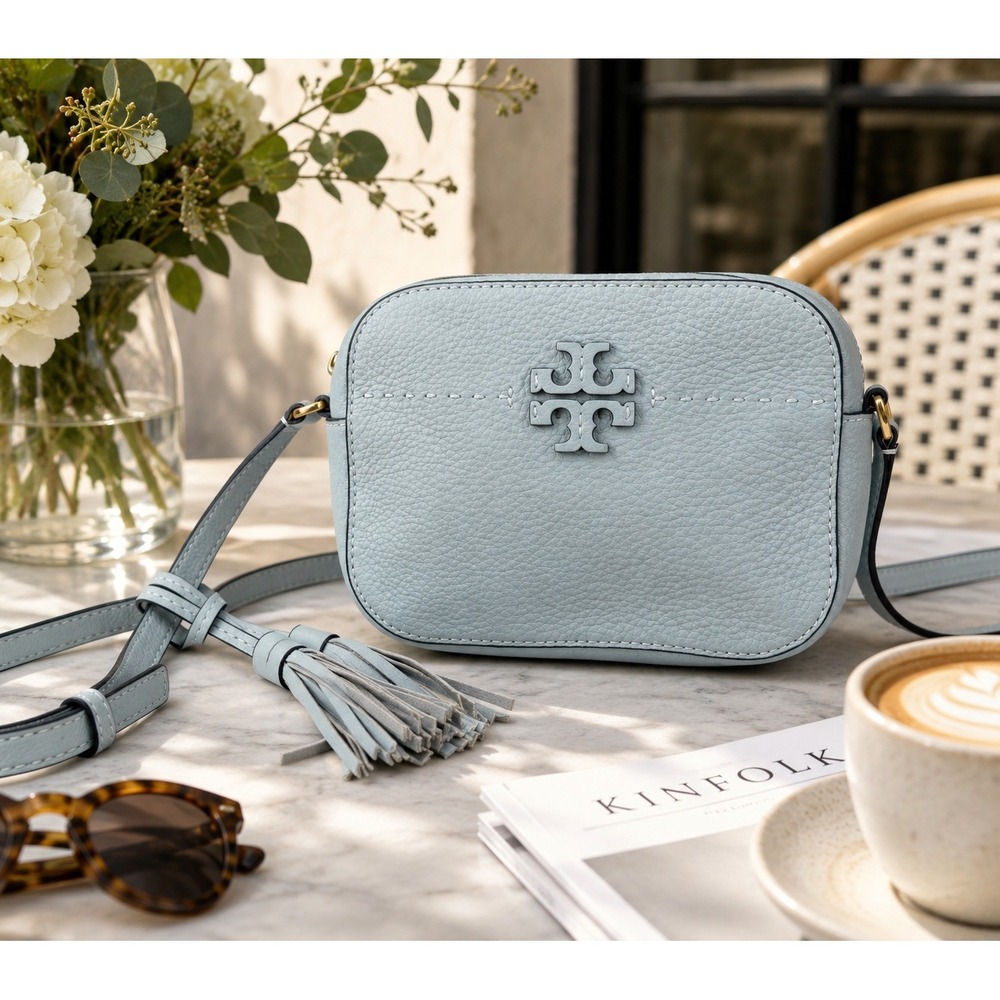 Tory Burch McGraw Camera Bag Mint Blue Pebbled Leather Crossbody Tassel Logo